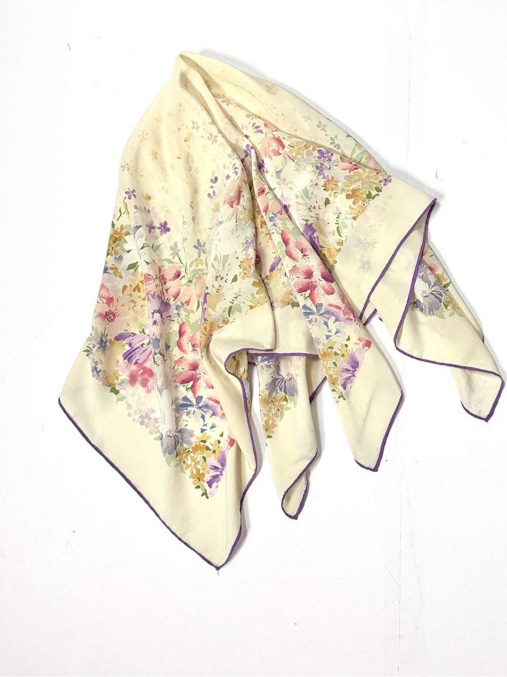 PROCHOWNICK Silk Crepe Scarf Cream with Floral Print Hand Rolled Vintage